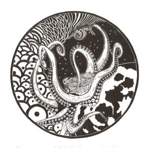 Lino Print, "Oktopus auf dem Mond"